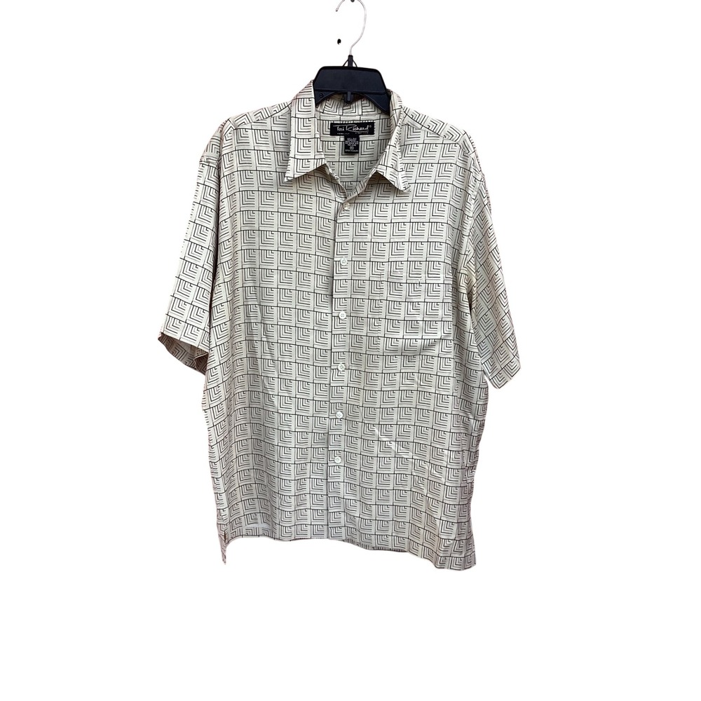 Tori Richard Mens XL Silk Button Down Shirt Geometric Maze Print Honolulu Cream